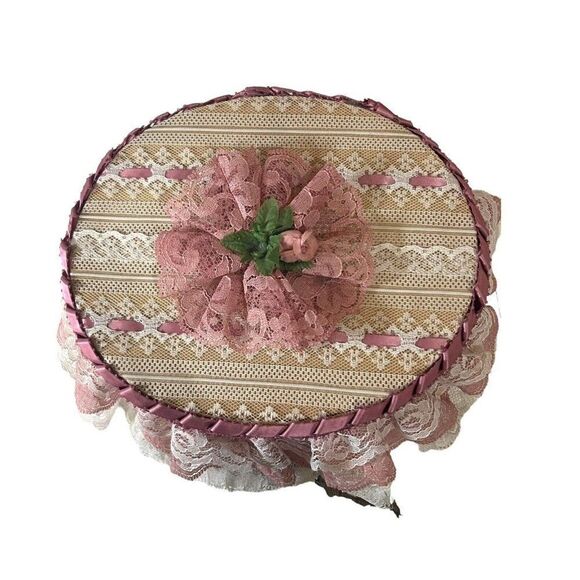 Victorian Handmade Lace Sewing Notions Trinket Box Jewelry VTG 8" Granny Core - Picture 2 of 12